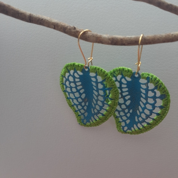 Blue Green Handmade Leaf Earring - Picture 2 of 3